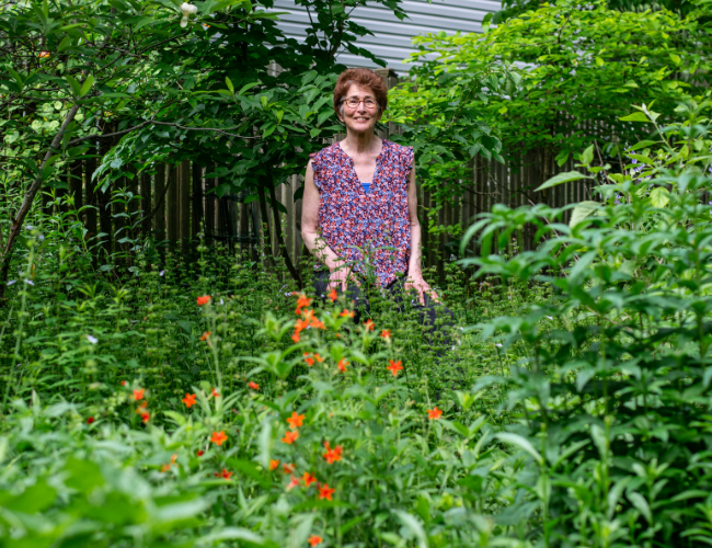 Barbara Schubert in her garden with fire pink native plants. Photo by Ben Israel.