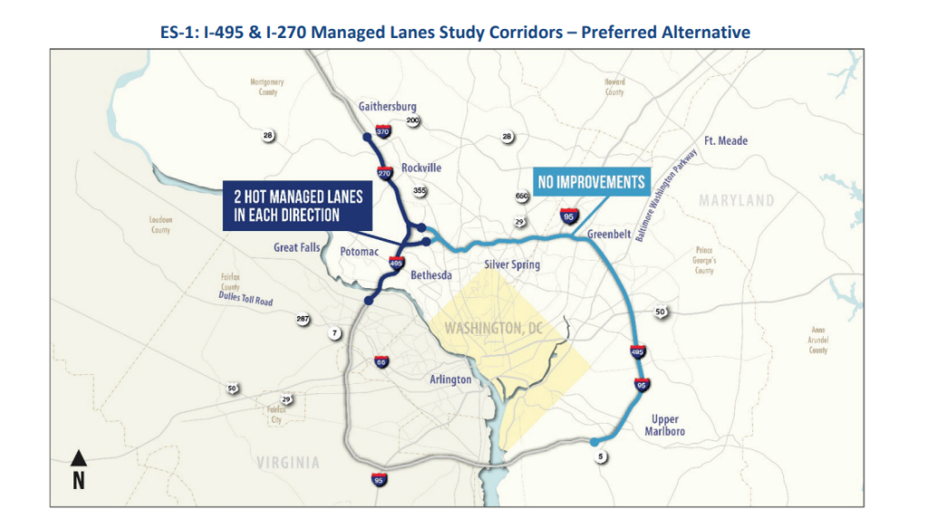 Map of the proposed expansion of I-495 and I-270